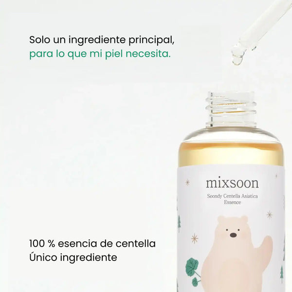 Esencia coreana Mixsoon Soondy Centella Asiatica en frasco con gotero para cuidado facial.