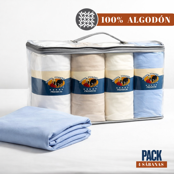 Sábanas ajustables hotelera Torero de Enigma Store, pack de 4 unidades, hechas de tela turca blanca con detalles de ajuste.