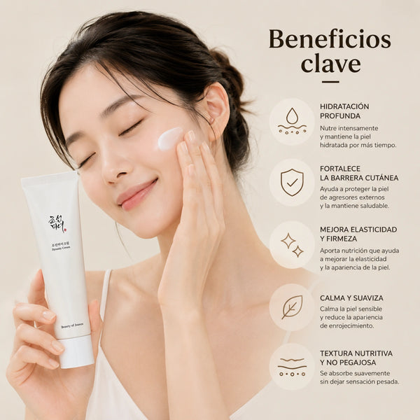 Crema coreana Beauty of Joseon Dynasty Cream de 100ml en frasco con textura cremosa y diseño elegante.