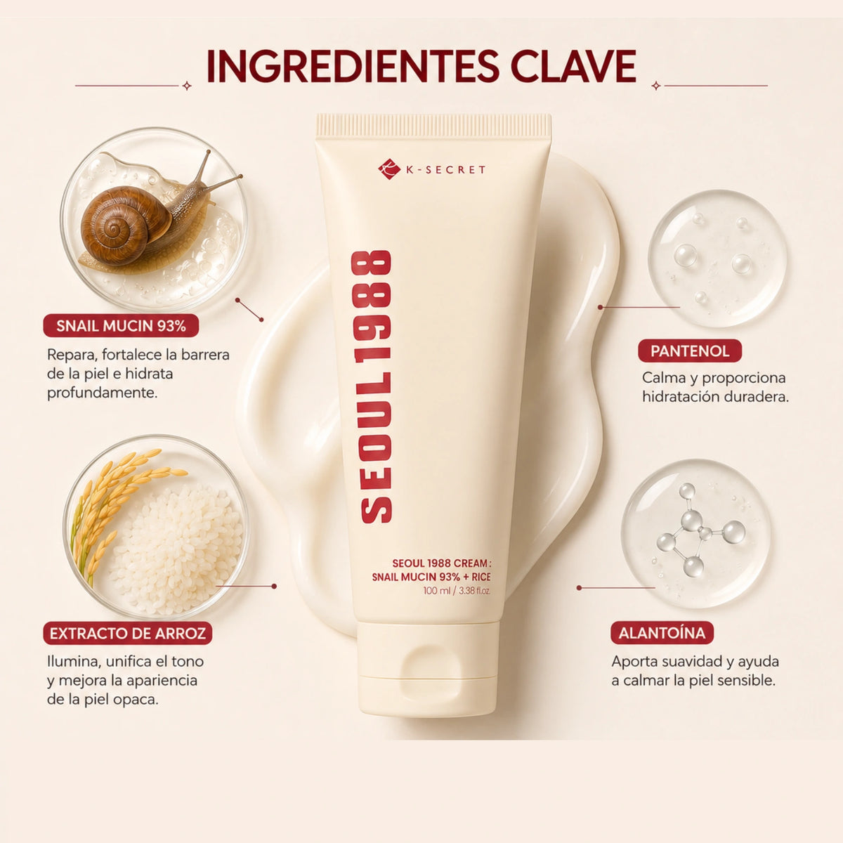 Crema coreana K-SECRET SEOUL 1988 con mucina de caracol al 93% y arroz para cuidado de la piel.