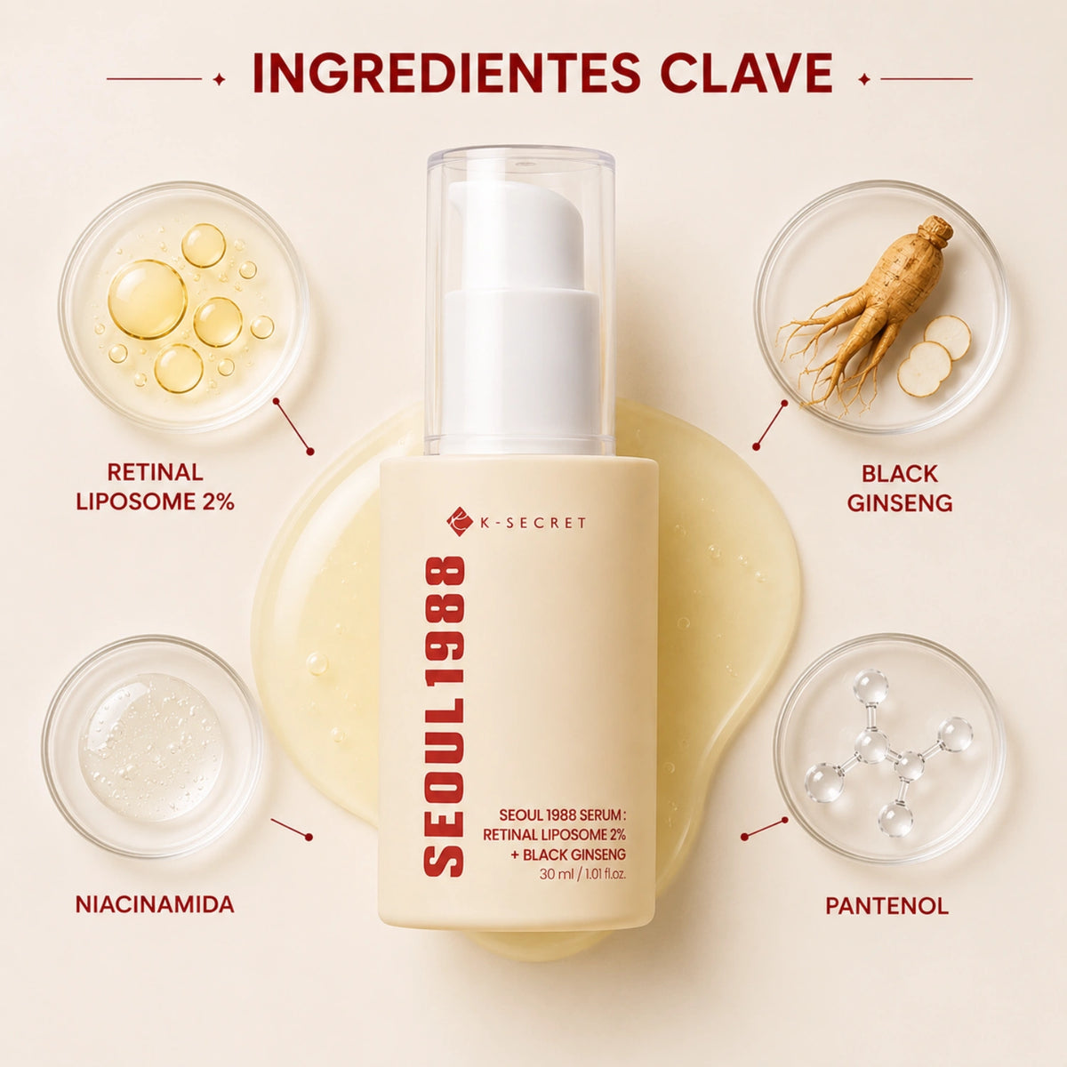 Suero coreano K-SECRET Seoul 1988 con liposomas Reinal y ginseng negro, para cuidado facial y revitalización de la piel.