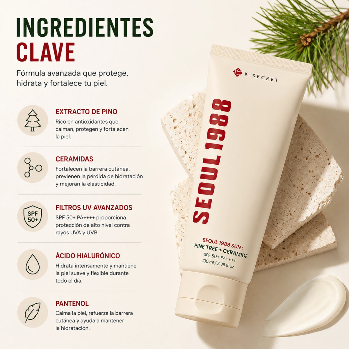 Crema facial K-SECRET Seoul 1988 Sun con pino y ceramidas, hidratante coreano para la piel, textura cremosa y suave.