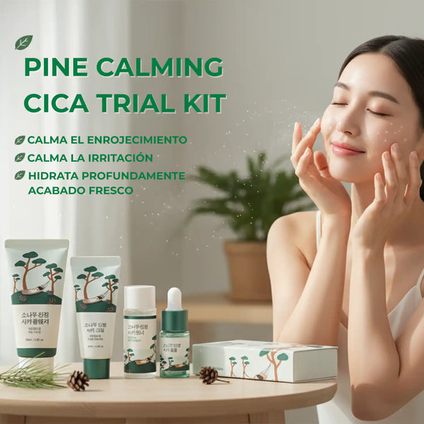 Kit de prueba de cuidado de la piel ROUND LAB Pine Calming Cica con frascos pequeños y etiquetas detalladas, ideal para piel sensible.