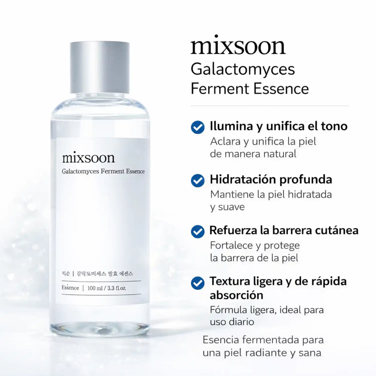 Esencia de fermento de galactomyces Mixsoon, producto de cuidado facial coreano en botella de 100 ml sobre fondo blanco.