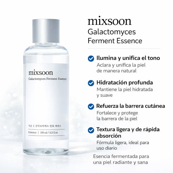 Esencia de fermento de galactomyces Mixsoon, producto de cuidado facial coreano en botella de 100 ml sobre fondo blanco.