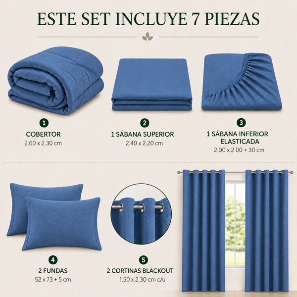 Set Cobertor Queen 7 Piezas Azul