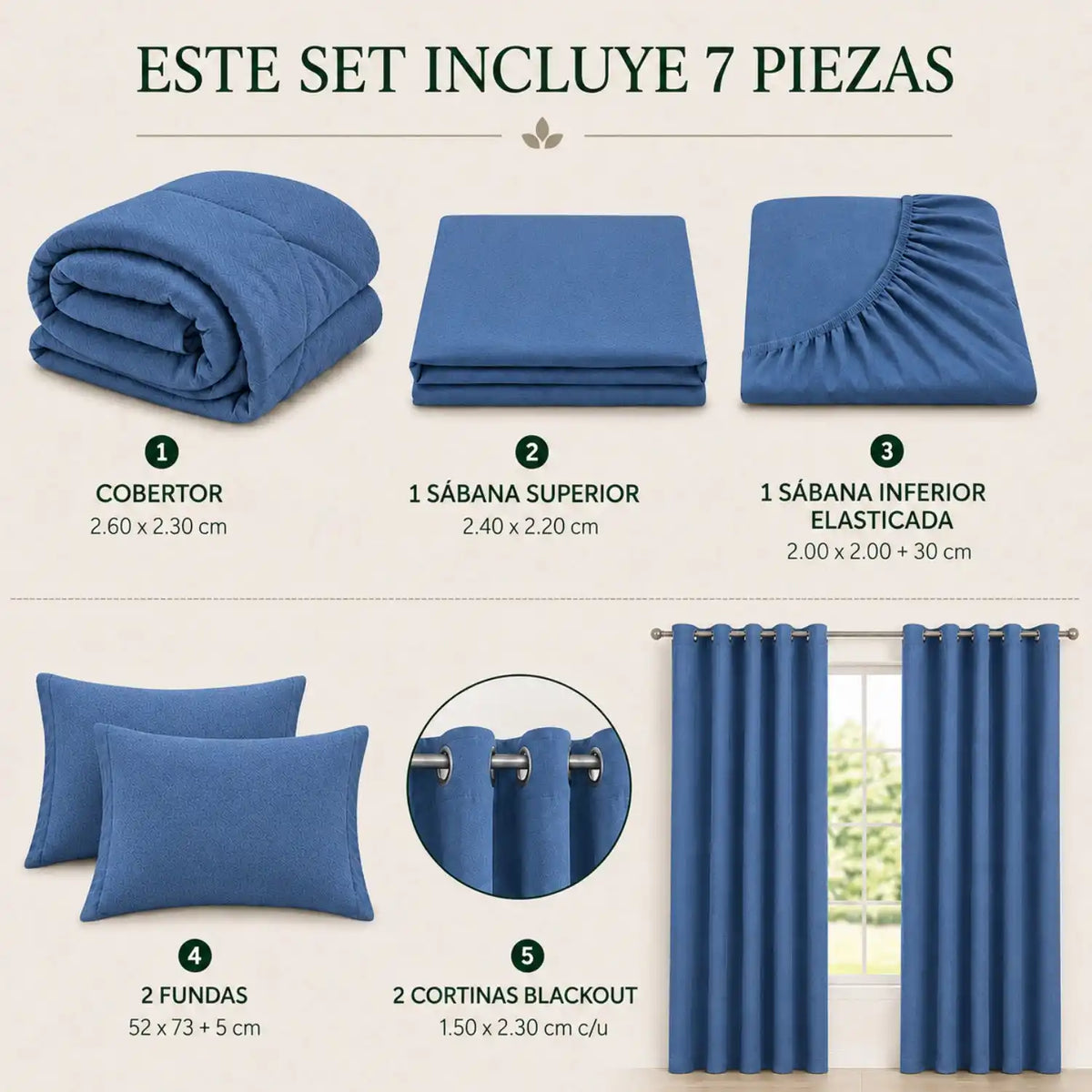 Set de cobertor queen de 7 piezas en color azul de Enigma Store, con edredón, fundas y accesorios para cama.