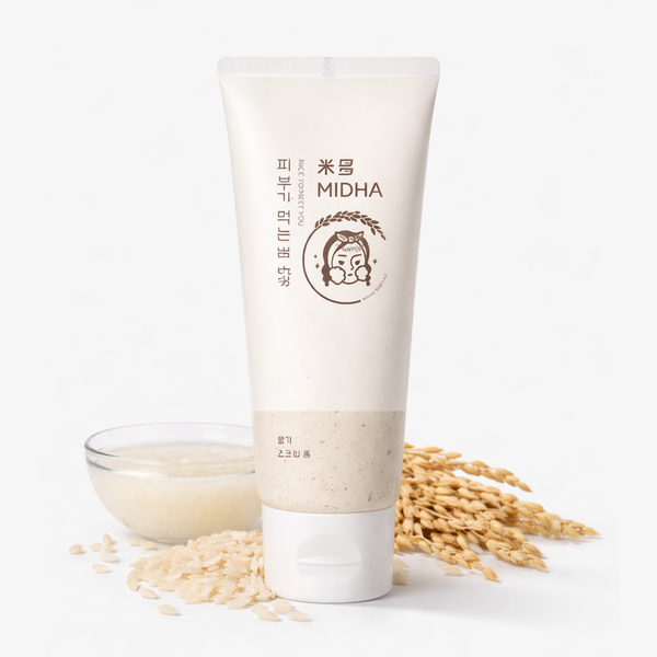 Espuma exfoliante de salvado de arroz MIDHA para cuidado facial, 150 ml, textura cremosa y suave en envase blanco