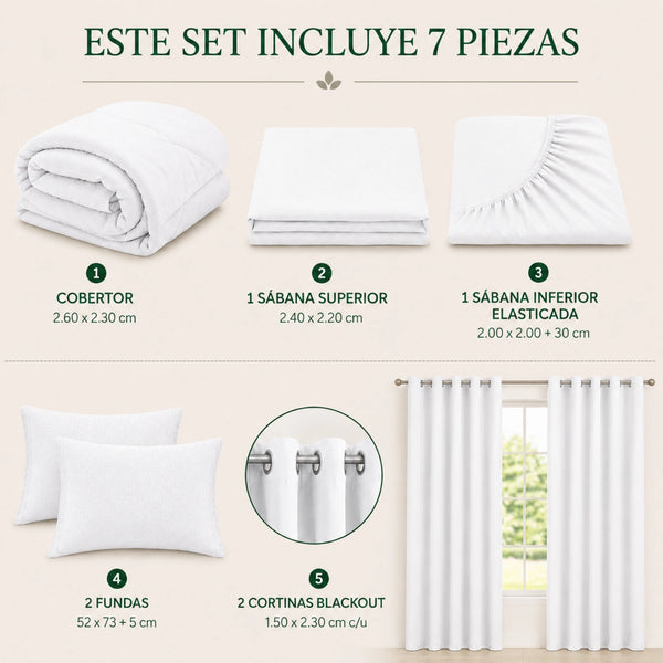Set Cobertor Queen 7 Piezas Blanco