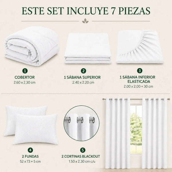 Set de cobertor Queen de 7 piezas en color blanco, con diseño suave y cómodo para la cama, de la marca Enigma Store.