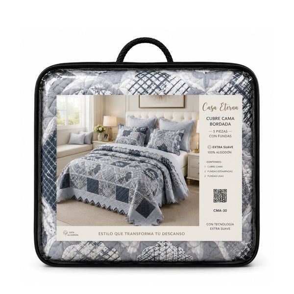 Cubrecama Quilt Bordado King 5 Piezas Geometrico