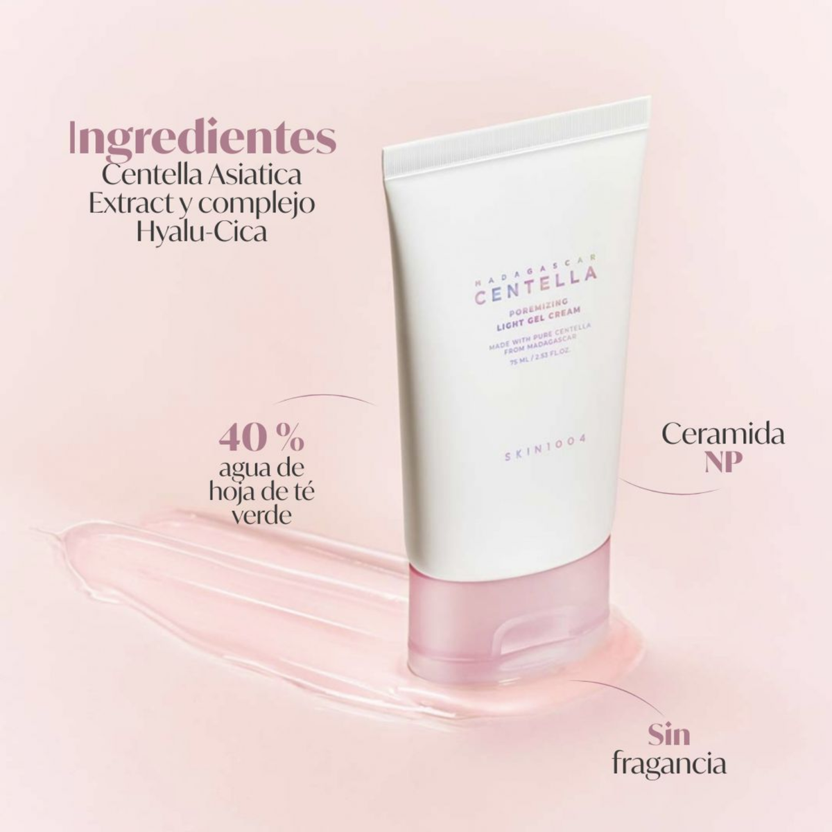 Crema ligera para poros de SKIN1004, gel hidratante coreano en frasco de 75 ml, con textura suave y fórmula para piel sensible.