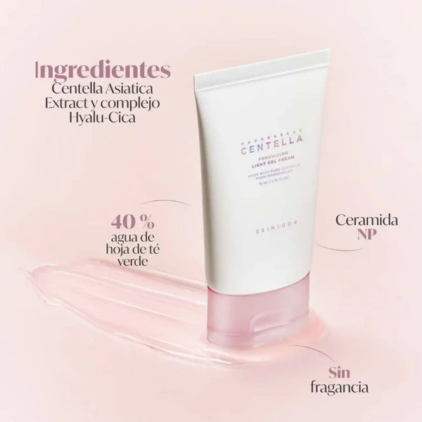 Crema ligera para poros de SKIN1004, gel hidratante coreano en frasco de 75 ml, con textura suave y fórmula para piel sensible.