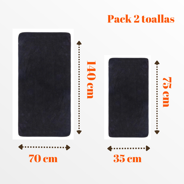 Pack 2 Toalla Baño Mano Viaje Microfibra Negra Secado Rápido