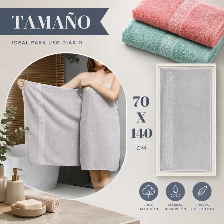 Tres toallas de baño de algodón Enigma Store, tamaño 70x140 cm y peso 450 g, con textura suave y absorbente.