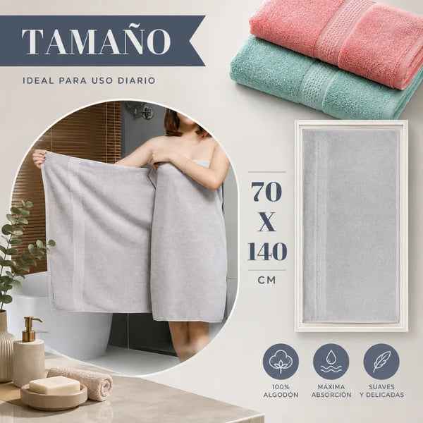 Tres toallas de baño de algodón Enigma Store, tamaño 70x140 cm y peso 450 g, con textura suave y absorbente.