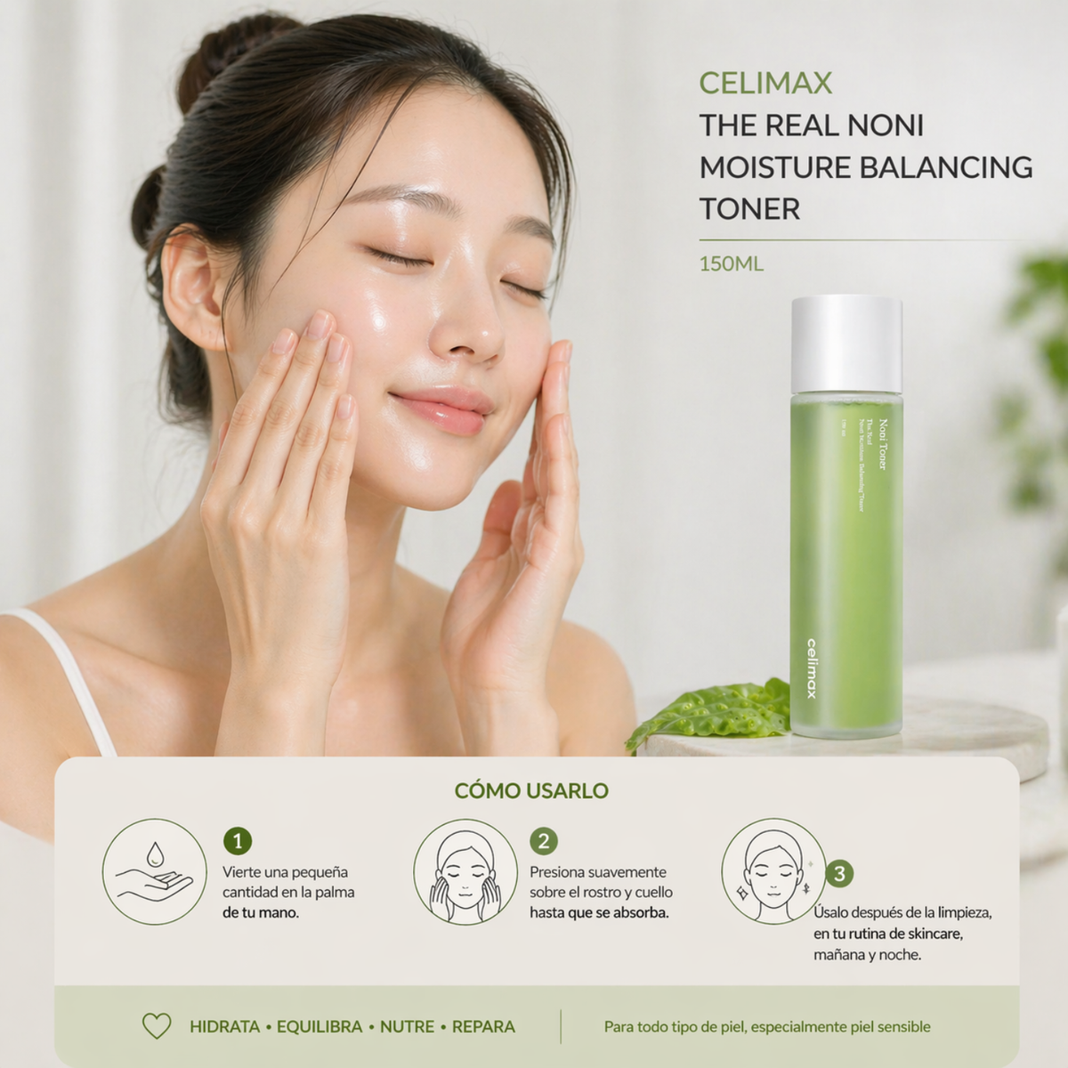 Tónico hidratante CELIMAX THE REAL NONI de 150ml, producto coreano de cuidado facial con extracto de noni.