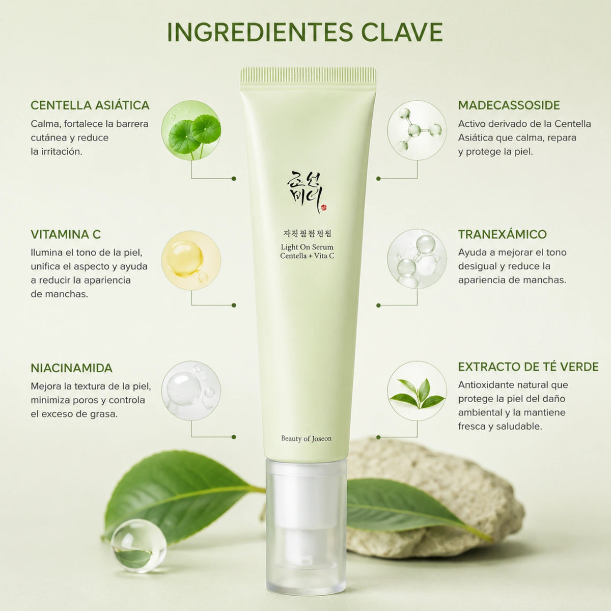 Suero ligero de Beauty of Joseon con centella y vitamina C en botella de 30ml, ideal para cuidado facial coreano.