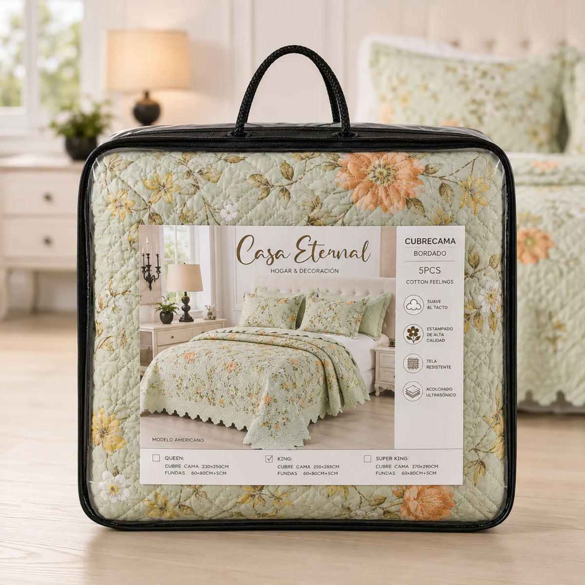 Cubrecama quilt bordado King de Casa Eterna con diseño floral de rosas, 5 piezas, ideal para cama grande.