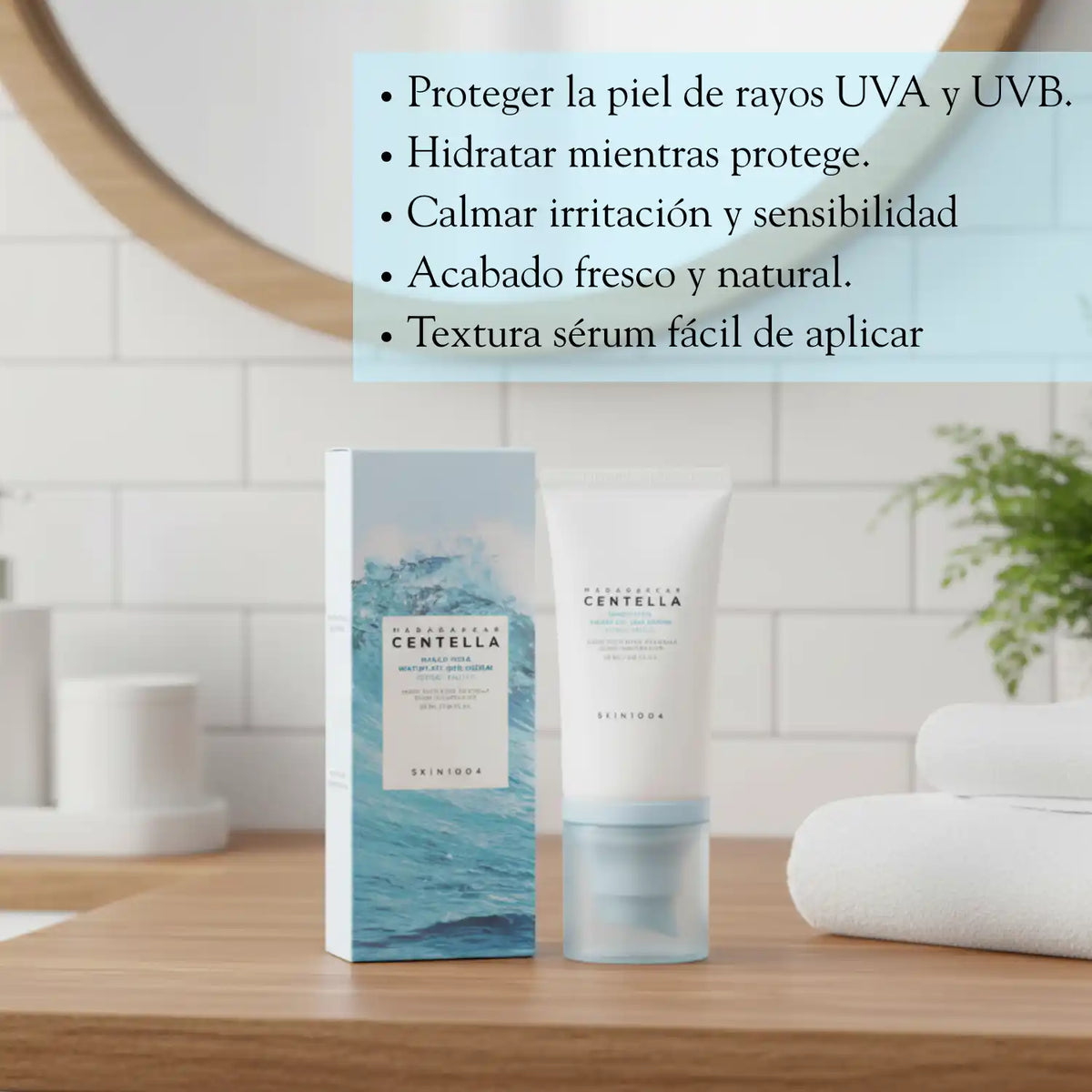 Suero solar SKIN1004 Hyalu-Cica Water-Fit Sun Serum en envase de 50ml, con textura ligera y protección para la piel.