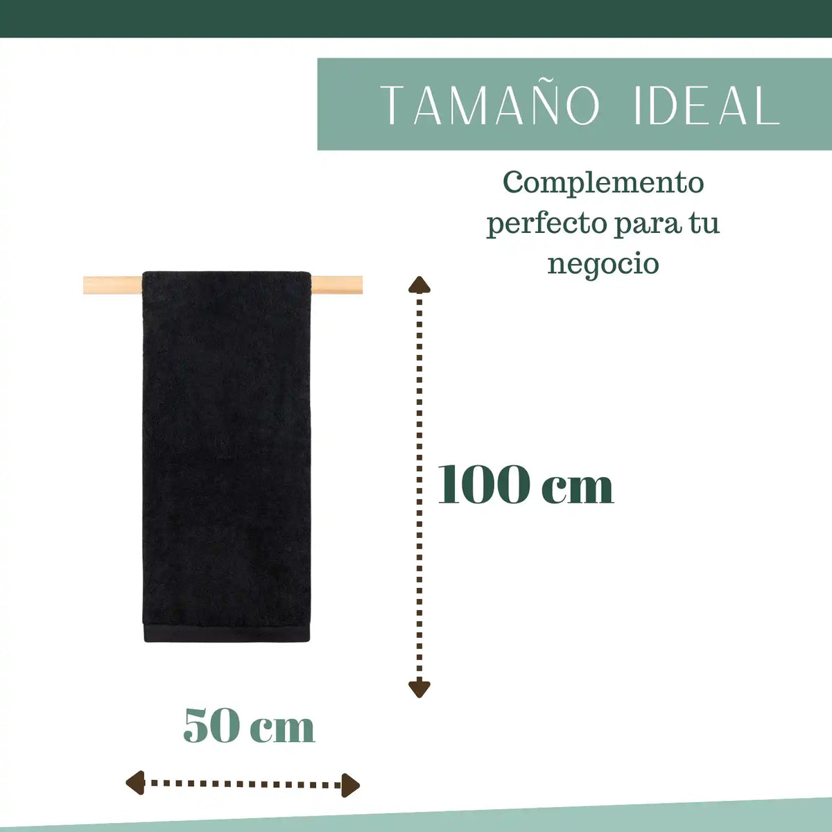 Tres toallas negras de algodón para peluquería y hotel, tamaño 50x100 cm, de la marca Enigma Store en la imagen.