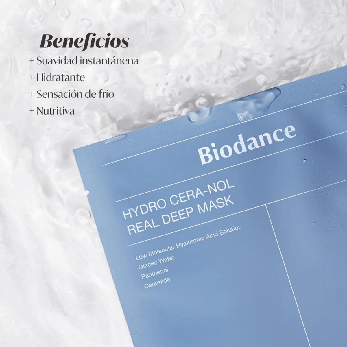 Mascarilla facial coreana BIODANCE Hydro Cera-nol Real Deep Mask con textura cremosa y envase de color blanco y azul.