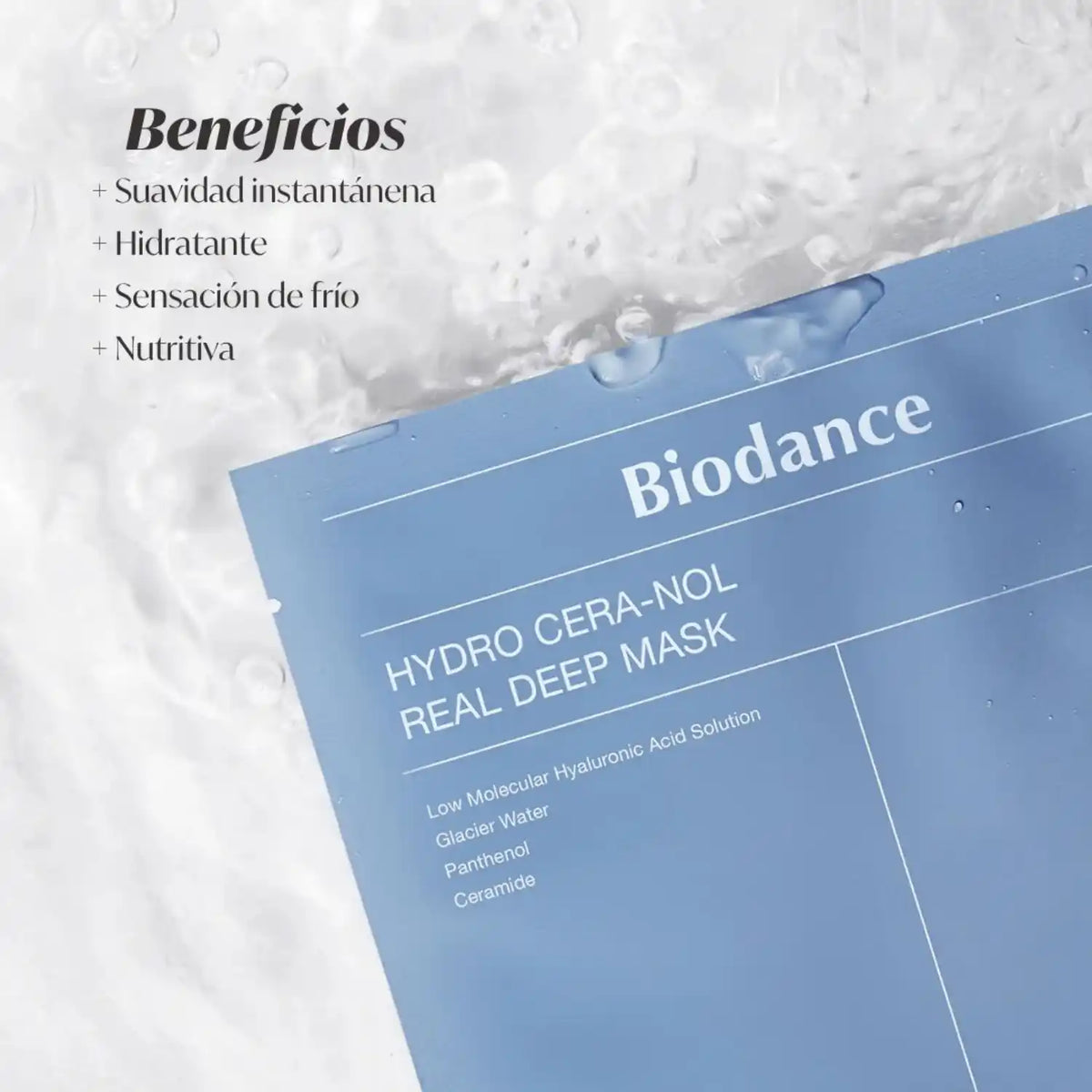 Mascarilla facial coreana BIODANCE Hydro Cera-nol Real Deep Mask con textura cremosa y envase de color blanco y azul.