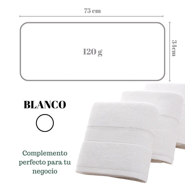 Cuatro toallas blancas de mano de algodón para peluquería, hotel y spa, tamaño 35x75 cm, de la marca Enigma Store.