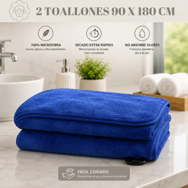 Set de 2 toallas de baño grandes de microfibra azul, toallón 90x180cm, con textura suave y absorbente.