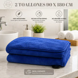 Set de 2 toallas de baño grandes de microfibra azul, toallón 90x180cm, con textura suave y absorbente.