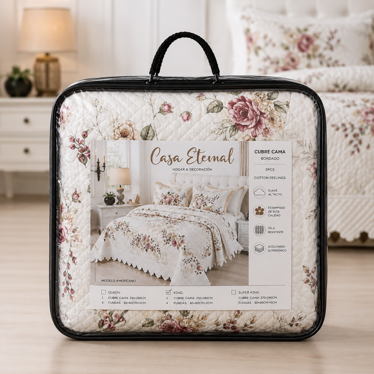 Cubrecama Quilt Bordado King 5 Piezas Floral Crema