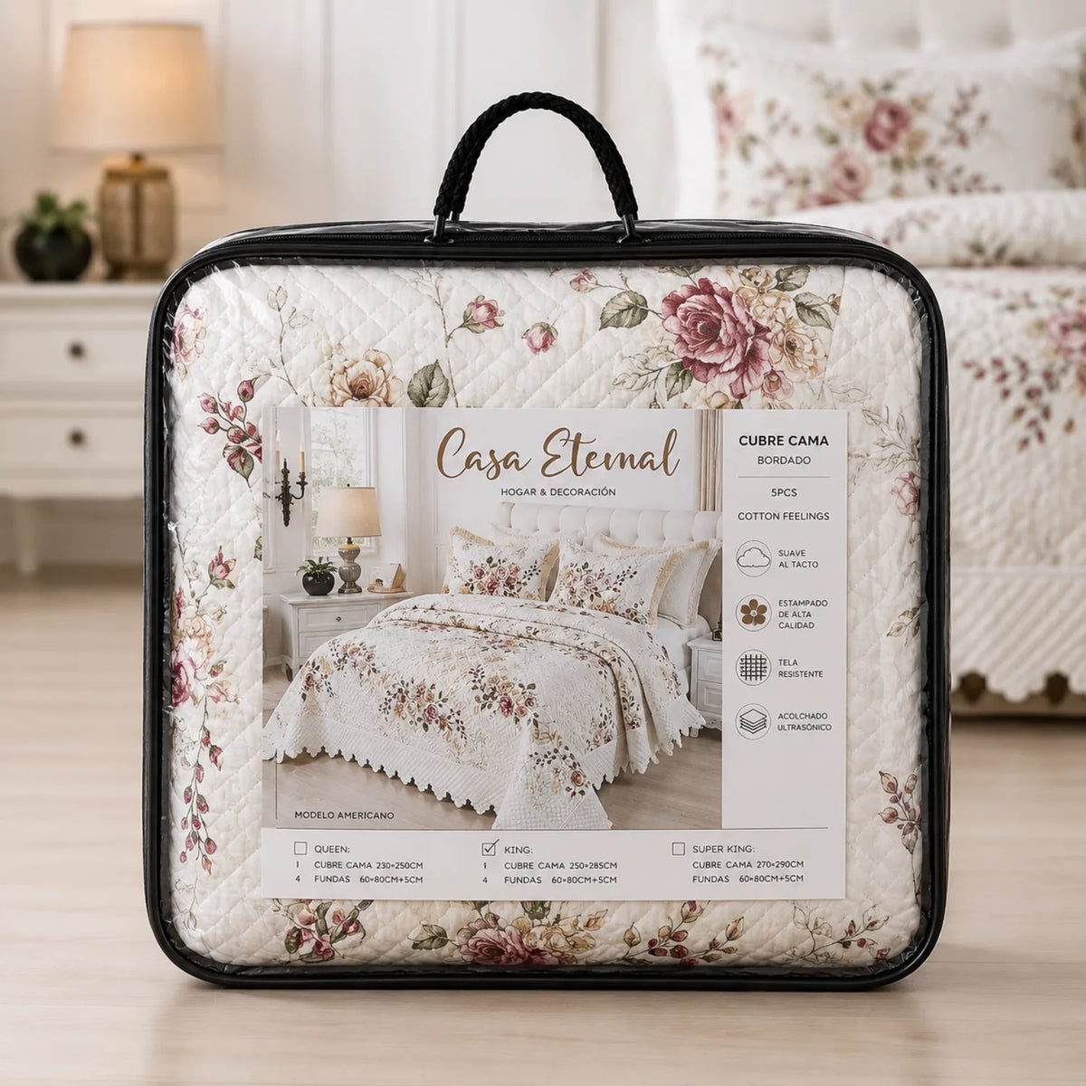 Cubrecama quilt bordado King de Casa Eterna con diseño floral en tonos crema, 5 piezas para cama grande.