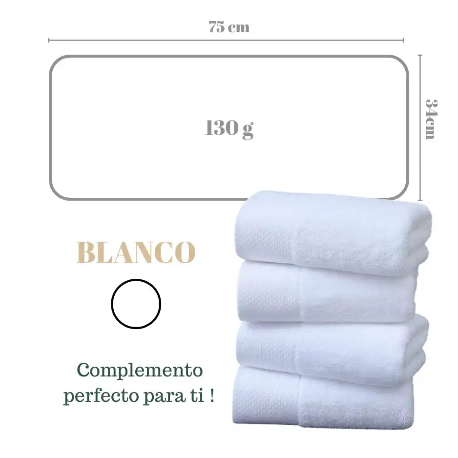 Set de 4 toallas blancas de algodón para baño, tamaño 75x35 cm y peso 130 g, ideales para hoteles y uso diario
