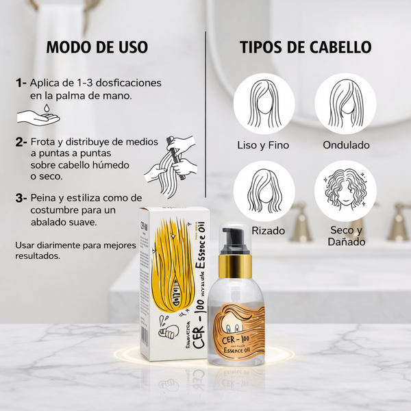Aceite de cabello Elizavecca Cer-100 Hair Muscle Essence Oil, frasco de 100ml, con diseño de botella y gotero.