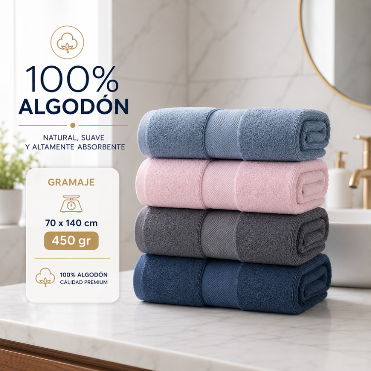 Tres toallas de baño en algodón de 70x140 cm y 450 g, blancas y suaves, ideales para uso hotelero.