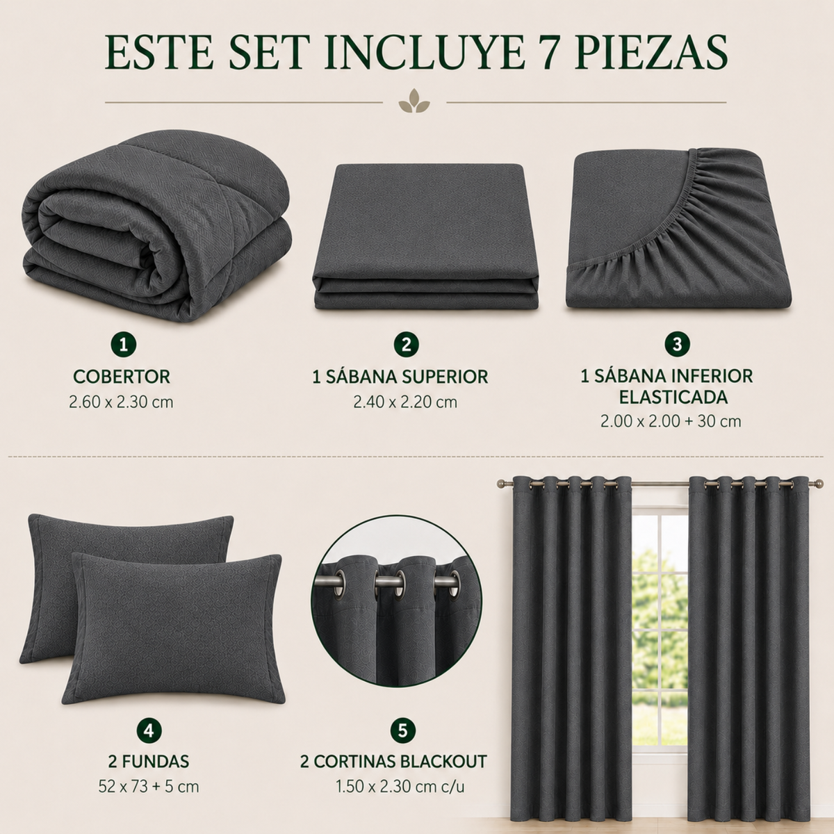 Set Cobertor Queen 7 Piezas Gris Oscuro