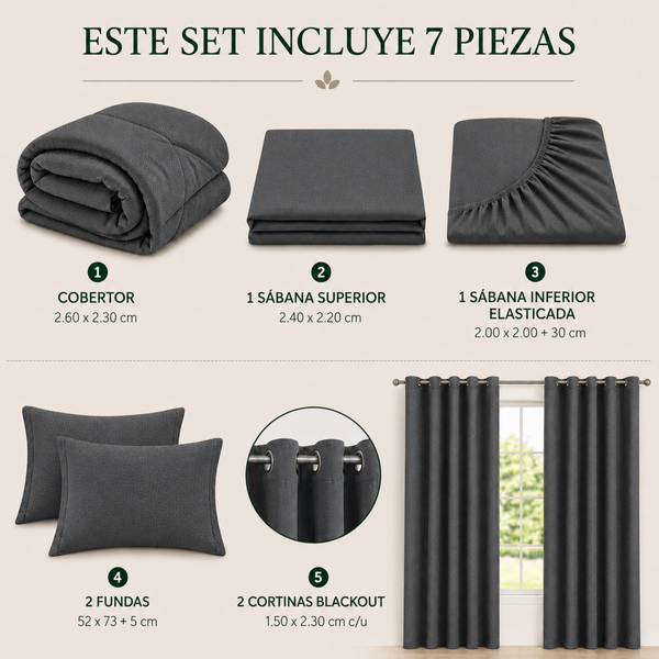 Set Cobertor Queen 7 Piezas Gris Oscuro