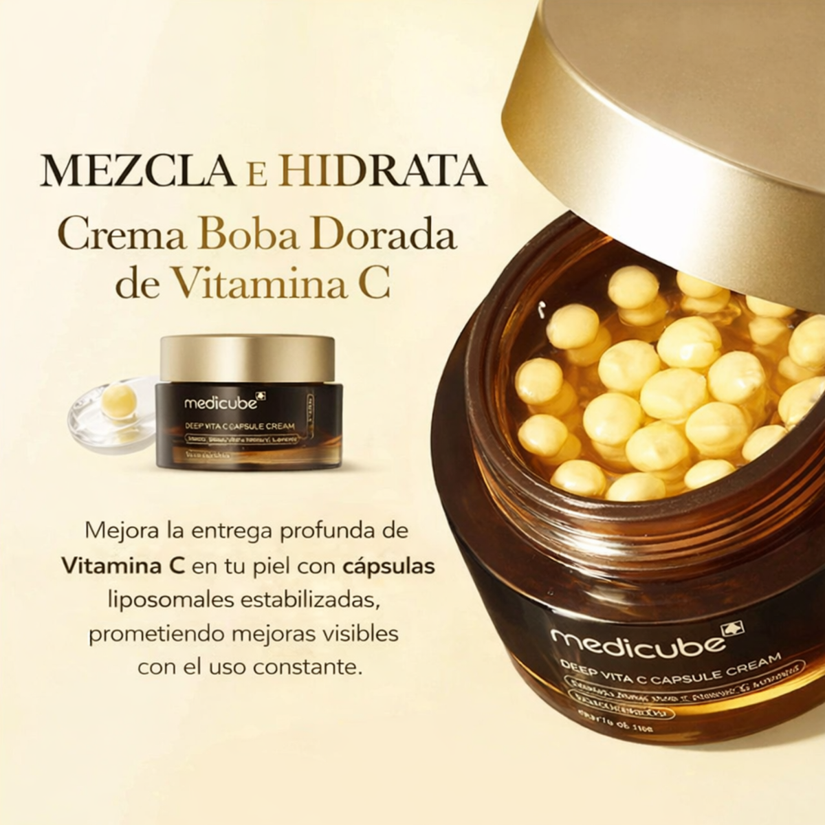 Crema en cápsulas Deep Vita C de Medicube, producto de cuidado facial coreano, con envase de 55 g sobre fondo neutro.