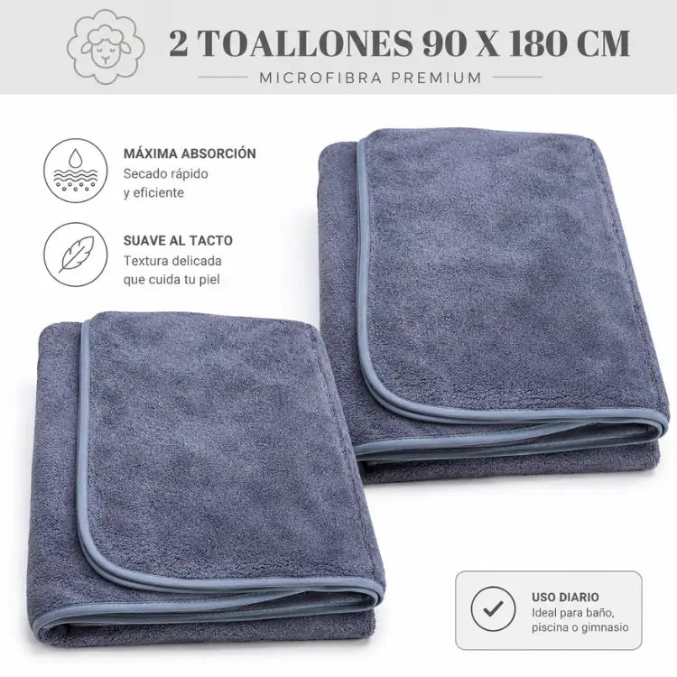 Set de 2 toallas de baño grandes en microfibra gris, toallón 90x180cm, suaves y absorbentes de Enigma Store.