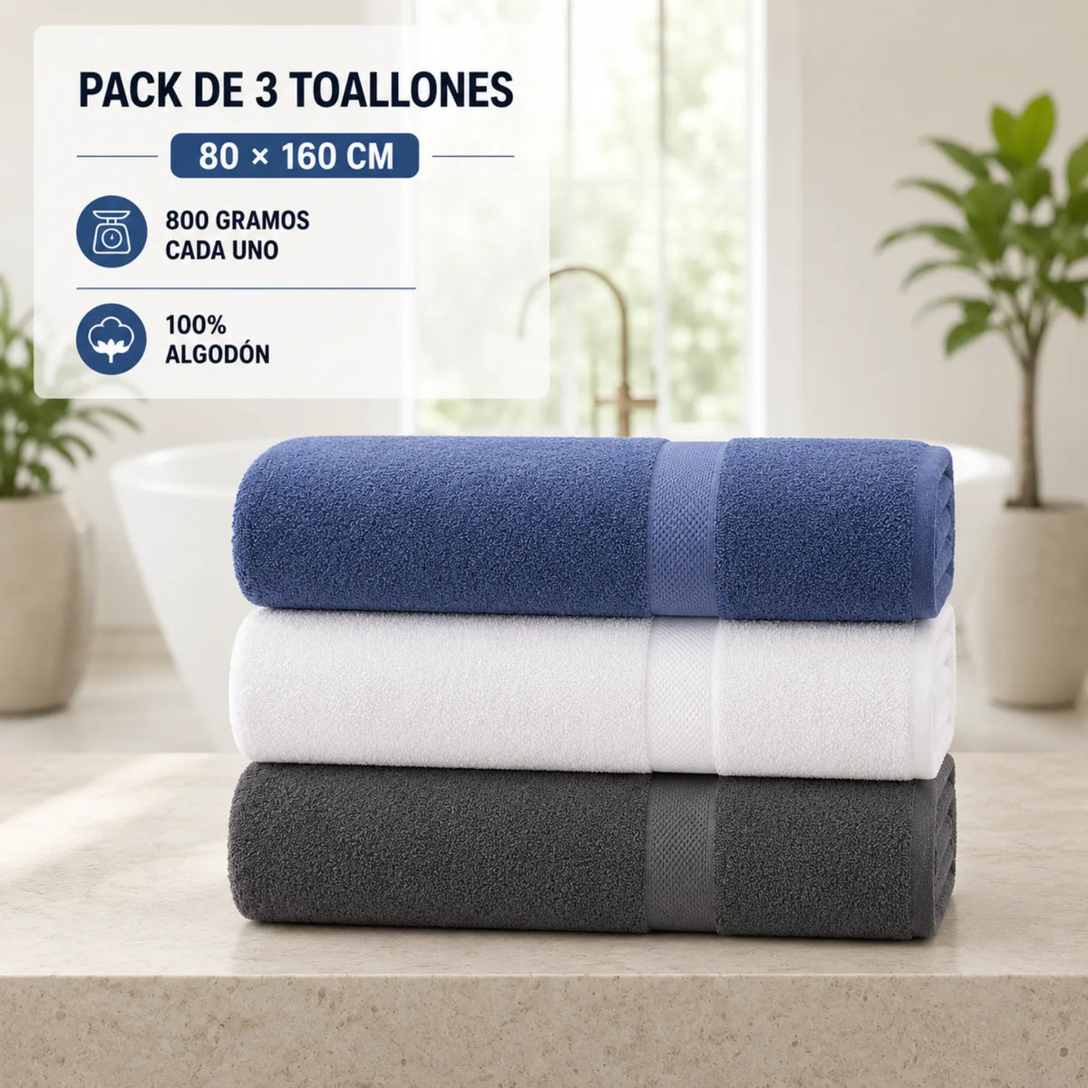 Toallón de baño de algodón grueso de 80x160 cm, color blanco, con textura suave y peso de 800 g, de la marca Enigma Store.