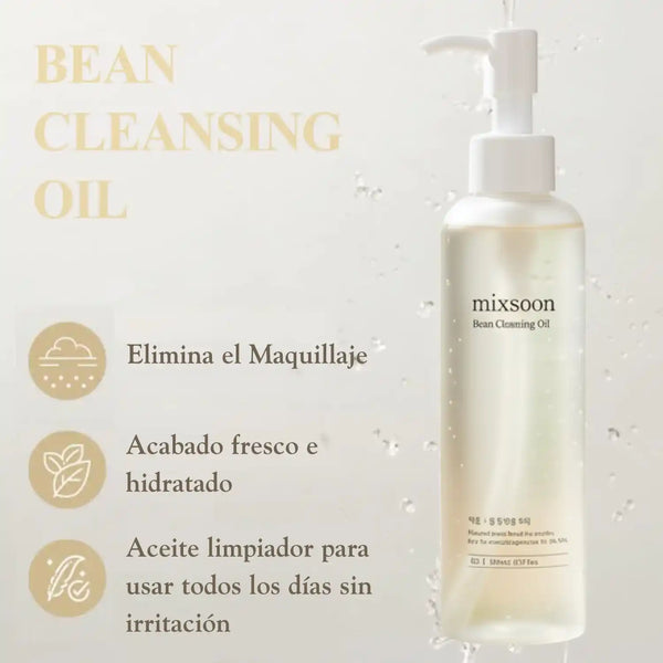 Aceite limpiador de frijoles Mixsoon, producto coreano de cuidado facial, en frasco de 195 ml con etiqueta blanca y texto.