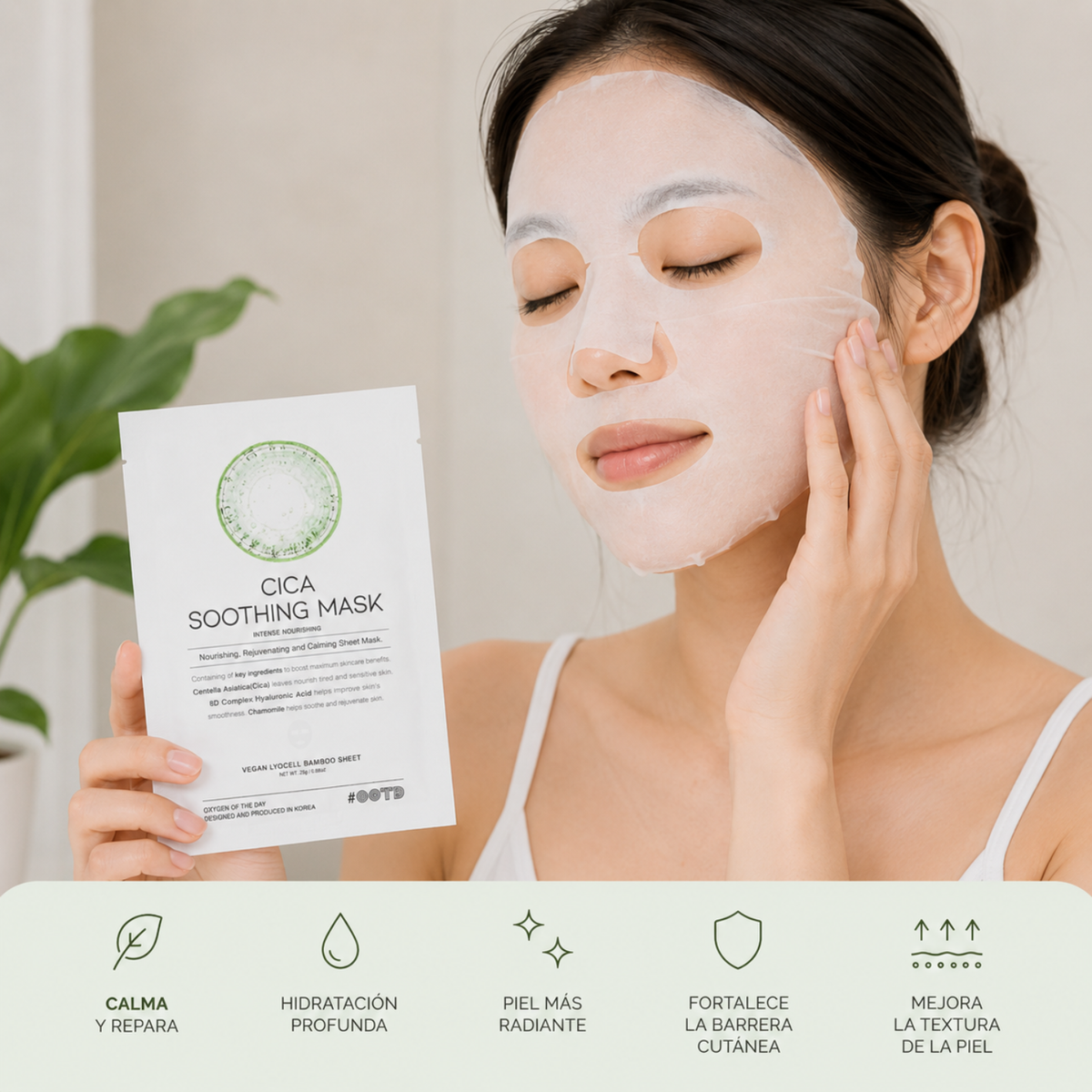 Mascarilla facial coreana OOTD Cica Soothing para cuidado de la piel, con textura y envase visible en la imagen.