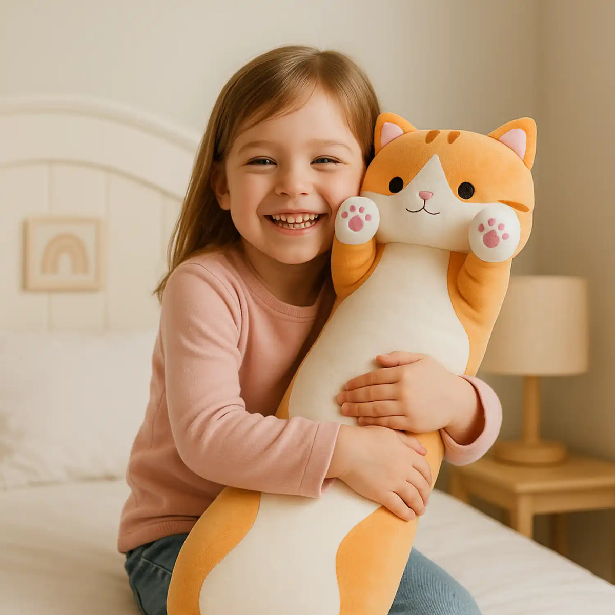 Cojín almohada peluche largo de gatito suave de 70 cm, peluche de Enigma Store, con cara y orejas de gato gris claro.