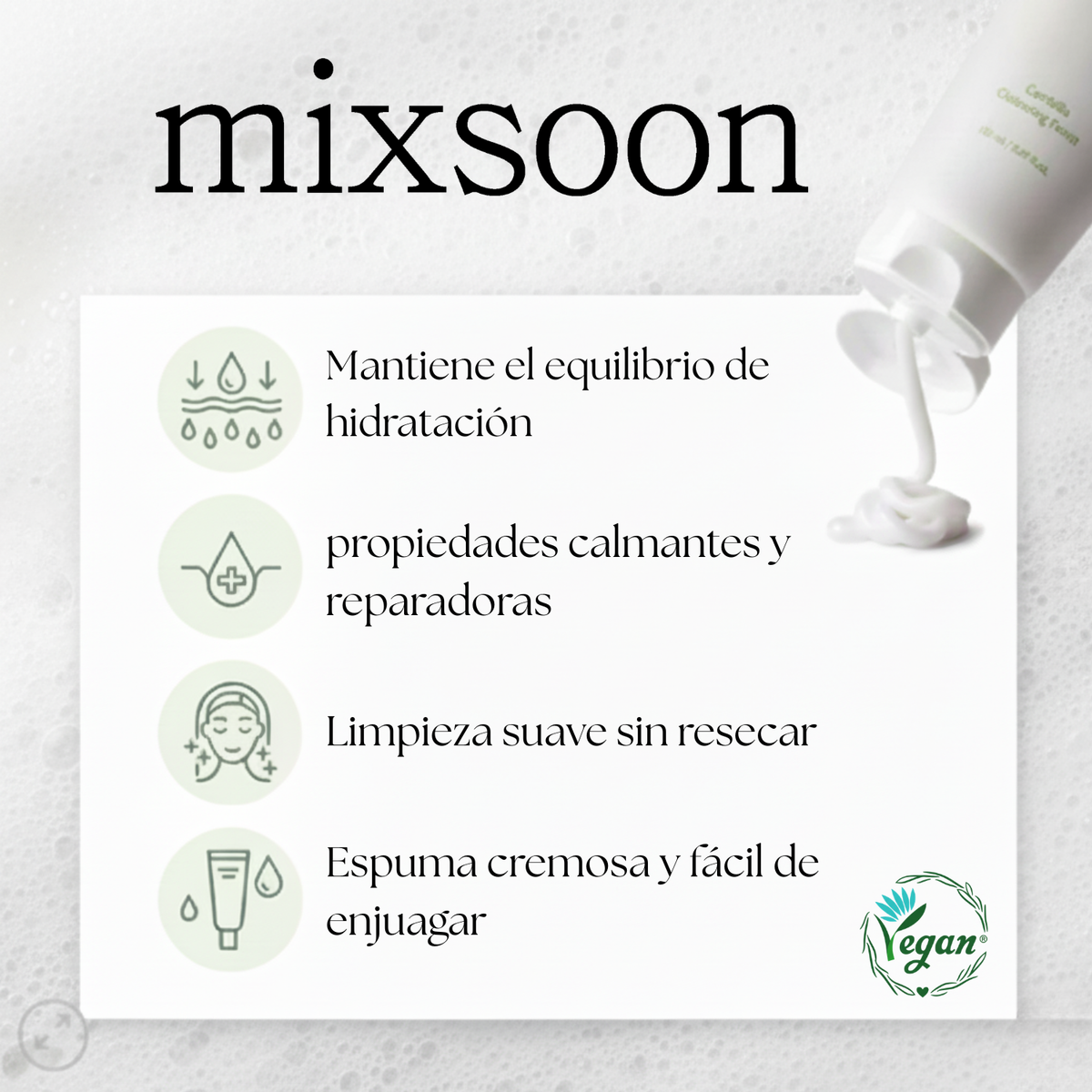 Espuma de limpieza facial de 150ml de Mixsoon con extracto de centella para cuidado de la piel coreano.