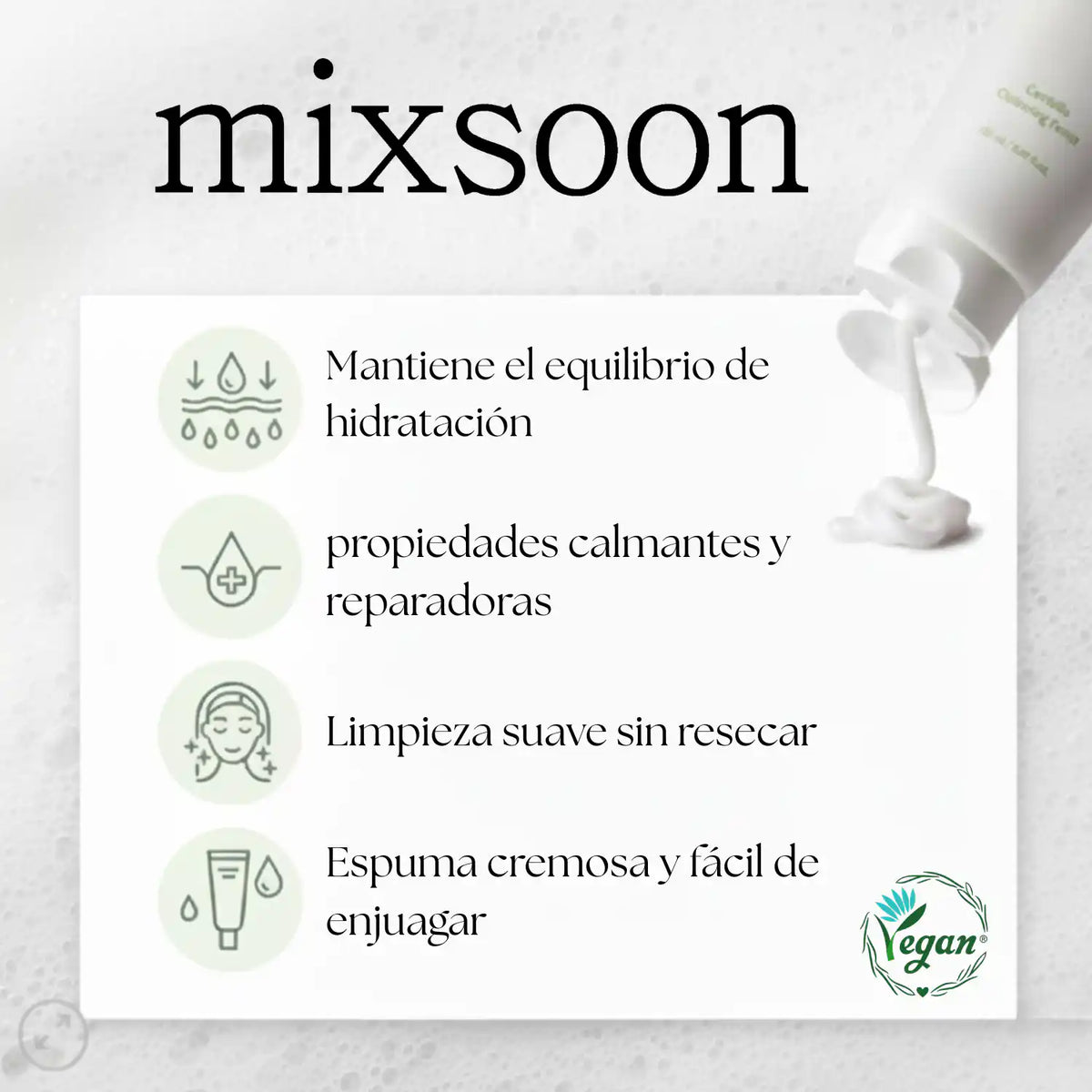 Espuma de limpieza facial de 150ml de Mixsoon con extracto de centella para cuidado de la piel coreano.