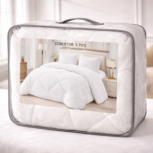 Cobertor blanco y fundas premium de la marca Enigma Store, con textura suave y diseño elegante para cama.