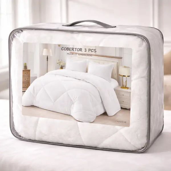 Cobertor blanco y fundas premium de la marca Enigma Store, con textura suave y diseño elegante para cama.