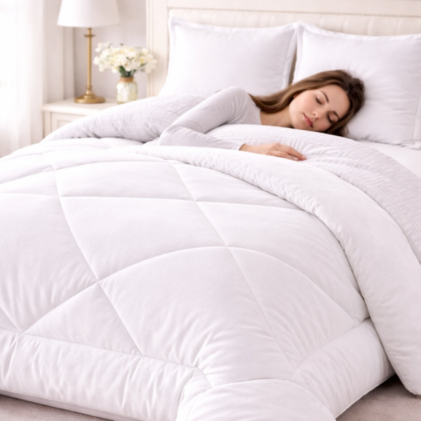 Cobertor blanco con fundas premium de la marca Enigma Store, diseñado para mayor comodidad y estilo en la cama.