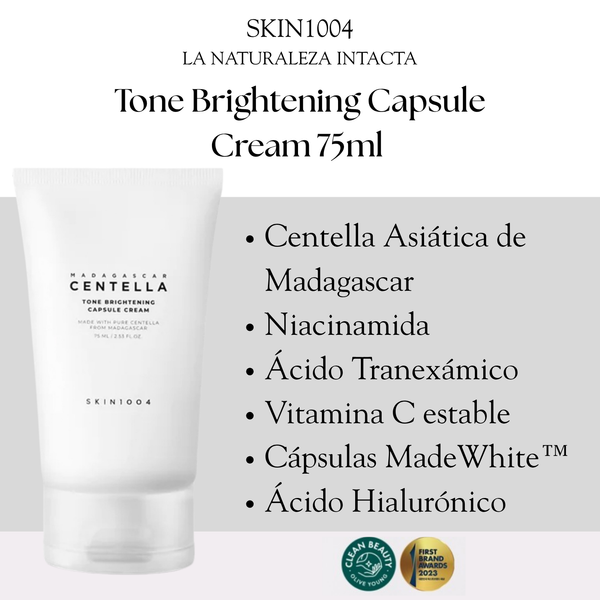 Crema coreana SKIN1004 Tone Brightening Capsule, 75ml, con envase y cápsulas para iluminar y mejorar la piel.