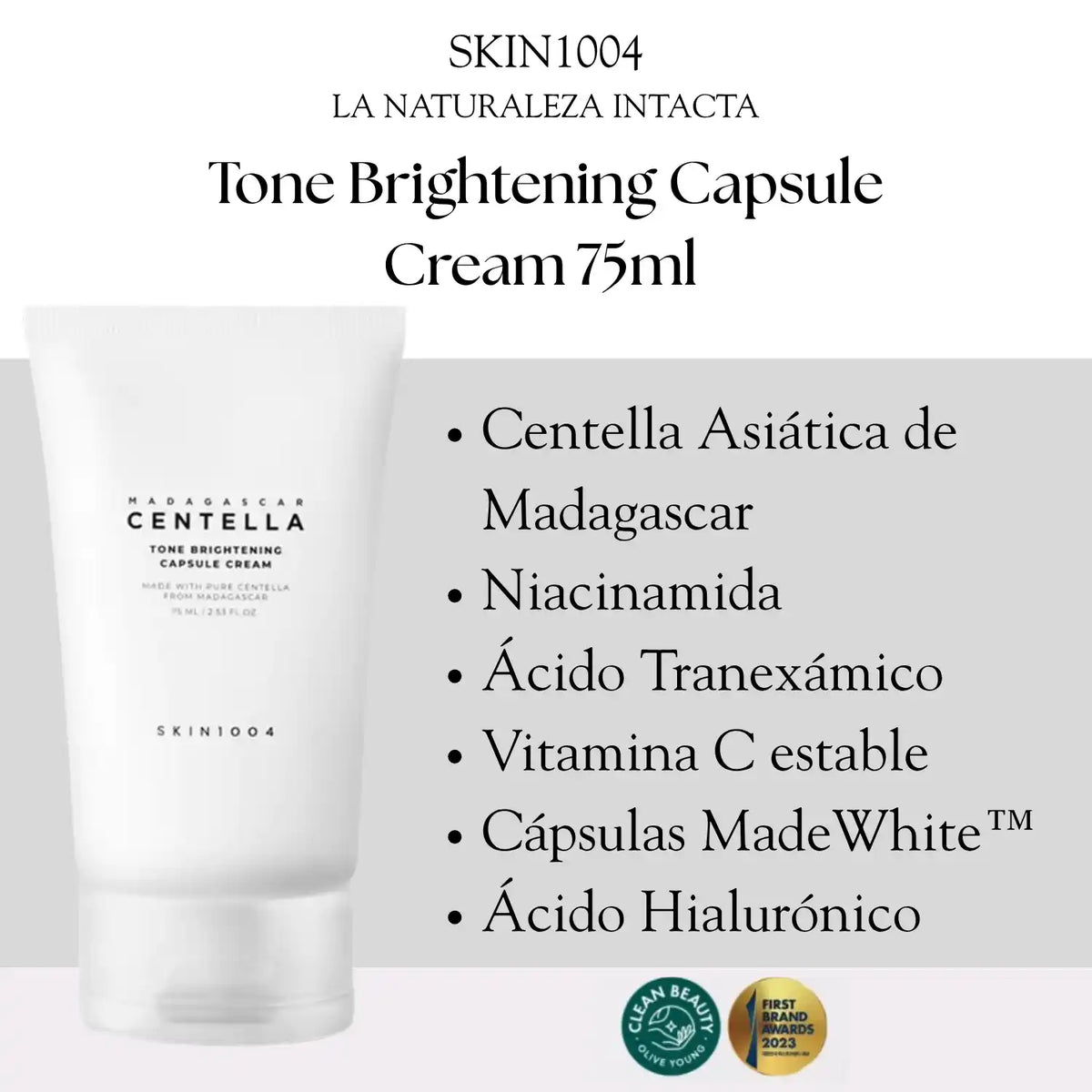 Crema coreana SKIN1004 Tone Brightening Capsule, 75ml, con envase y cápsulas para iluminar y mejorar la piel.
